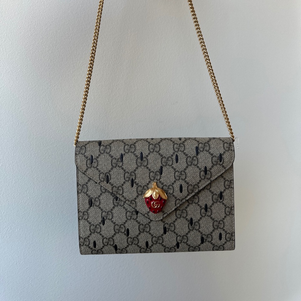 Strawberry Printed Gucci Coated Canvas Mini Wallet on Chain